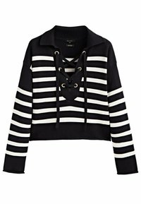 Zwart-wit gestreepte cropped sweater met een polo kraag en een vetersluiting aan de voorkant; ribbeltextuur met lange mouwen en een trekkoorddetail.