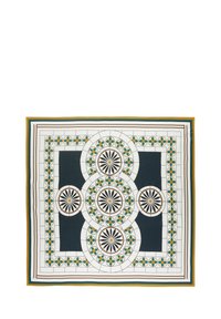 Foulard en soie avec un motif géométrique de motifs circulaires en bleu marine, blanc, vert et orange, bordé de rayures contrastées.