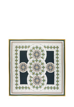 Foulard en soie avec un motif géométrique de motifs circulaires en bleu marine, blanc, vert et orange, bordé de rayures contrastées.