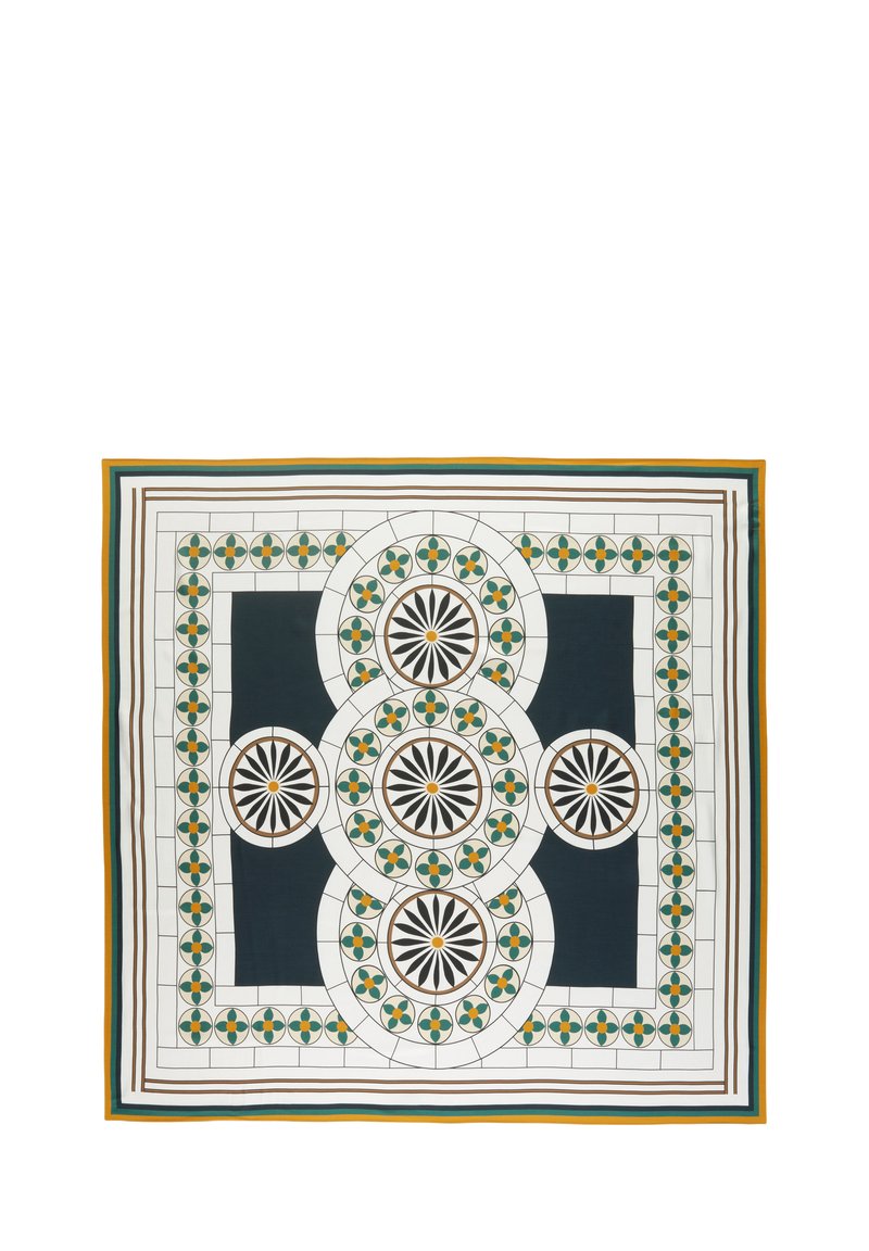 Foulard en soie avec un motif géométrique de motifs circulaires en bleu marine, blanc, vert et orange, bordé de rayures contrastées.