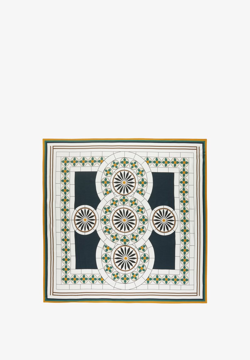Foulard en soie avec un motif géométrique de motifs circulaires en bleu marine, blanc, vert et orange, bordé de rayures contrastées.