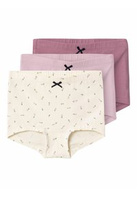 Sett med tre bomull-boyshorts: en med små blomster på kremfarget, og to ensfargede i lys og mørk mauve, alle med svarte sløyfer.