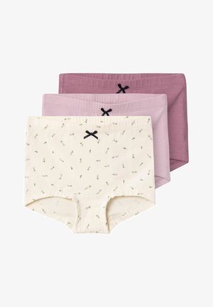 Set van drie katoenen boyshorts: één met een patroon van kleine bloemen op crème, en twee effen in licht en donker mauve, allemaal met zwarte strikjes.