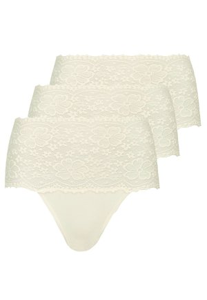 Lace-trimmed thong underwear in off-white with floral pattern on the waistband. Soft fabric, seamless design, and delicate lace edges.