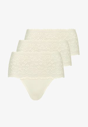 Perizoma con pizzo in off-white con motivo floreale sulla cintura. Tessuto morbido, design senza cuciture e delicate bordature in pizzo.