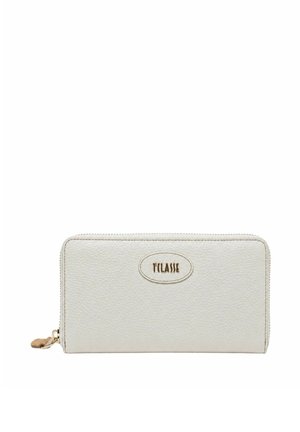 Portafoglio bianco in pelle strutturata con chiusura a zip su tutto il perimetro, cursore della zip in tono oro e patch ovale con logo con la scritta "T CLASSE" sul davanti.