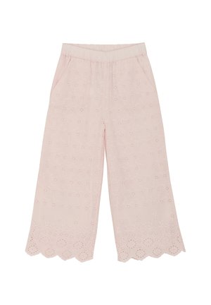 Helle rosa, bestickte weit geschnittene Hose mit gewelltem Saum, die mit Blumenmustern verziert ist und einen elastischen Bund hat. Zwei seitliche Taschen sind enthalten.