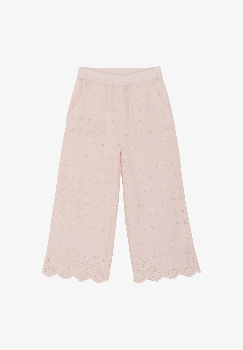 Lichtroze, geborduurde wijde broek met een gegolfde zoom, voorzien van bloemenpatronen en een elastische tailleband. Inclusief twee zijzakken.