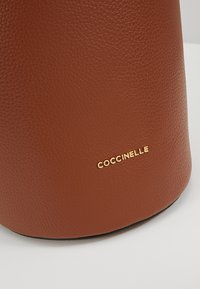 Superficie in pelle marrone texturizzata con la piccola scritta dorata "COCCINELLE" vicino al bordo inferiore su uno sfondo bianco.