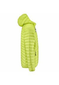 Giacca a vento verde lime con un design trapuntato, cappuccio e una tasca laterale con una zip nera. Texture liscia, materiale leggero.