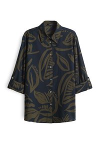 Chemise sombre à boutons avec de grands motifs abstraits de feuilles vert olive et des manches trois-quarts retroussées maintenues par des pattes boutonnées.