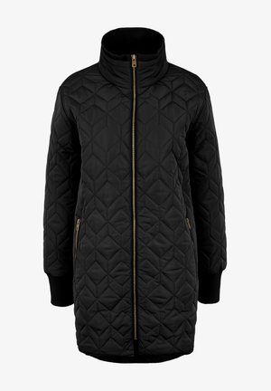 Giacca nera trapuntata con colletto alto, zip intera e dettagli in oro. Presenta un motivo testurizzato e polsini a costine per un calore aggiuntivo.