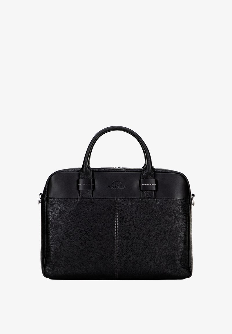Schwarze Lederaktentasche mit strukturiertem Oberflächen, doppelten Griffen, Reißverschluss und kontrastierendem weißen Nähten auf der Vorderseite.