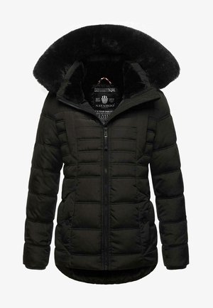 Schwarze Wellenjacke mit einer Kapuze aus Kunstfell, ausgestattet mit einem Frontreißverschluss und einem gesteppten Muster. Mit Logo-Tag im Kragen.