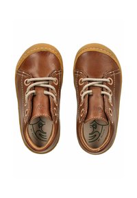 Braune Lederschuhe mit runden Zehen, beigen Schnürsenkeln und gesticktem Design. Gummisohlen in heller Braunfarbe und innerer Logodetails.