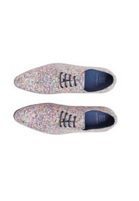 Men's dress shoes in a multicolored patterned design, featuring a pointed shape, black laces, and a blue textured interior.