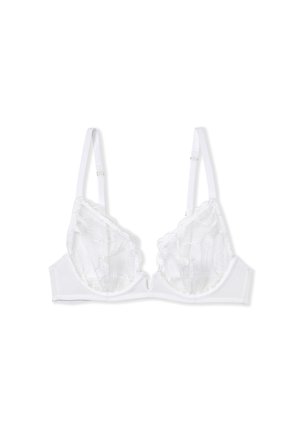 Weißes Spitzen-Bralette mit durchsichtiger floraler Stickerei, dreieckigen Cups, verstellbaren Trägern und einem glatten Unterband zur Unterstützung.