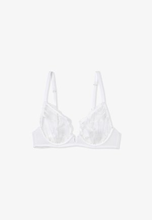 Bralette blanco de encaje con bordado floral transparente, copas triangulares, tirantes ajustables y una banda inferior suave para soporte.