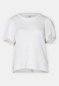 Witte pullover top met korte, opbollende mouwen, een ronde halslijn en een textuurbreipatroon met opengewerkte details overal.