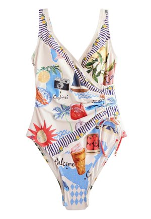 Einteiliger Badeanzug mit farbenfrohem mediterranem Druck mit Sonne, Eis, Kamera, Tomaten, Zitrone und Segelboot, mit gestreiftem Besatz.