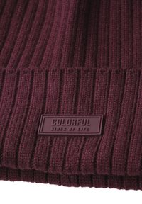 Gorro de punto burdeos con textura acanalada. Presenta un parche rectangular de color púrpura oscuro con la inscripción "LADOS COLORIDOS DE LA VIDA" en relieve.
