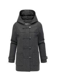 Grå uldfrakke med hætte, toggleslås og to forlommer. Blød tekstur med et enkelt, klassisk design.