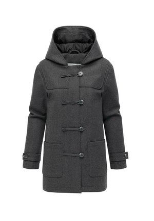 Manteau en laine grise avec capuche, fermetures à toggles et deux poches avant. Texture douce avec un design simple et classique.