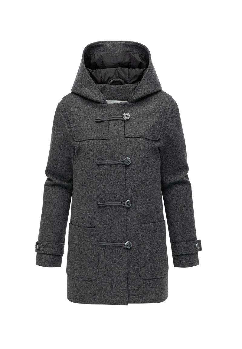 Grå uldfrakke med hætte, toggleslås og to forlommer. Blød tekstur med et enkelt, klassisk design.