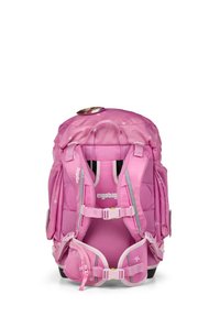 Pink ergonomic backpack with padded straps, star pattern, multiple compartments, and adjustable side buckles for secure fit.