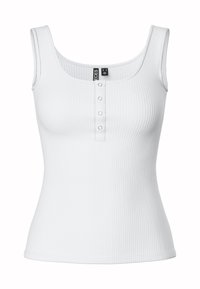 Weißes, gestreiftes Trägershirt mit Rundhalsausschnitt und drei Druckknöpfen an der Vorderseite. Hat breite Schulterträger und eine taillierte Passform.