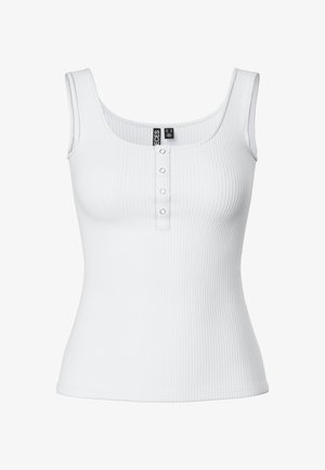 Balts ribots bez piedurknēm topiņš ar izgriezumu un trim kniedēm priekšpusē. Iezīmē plata plecu siksnas un pieguļoša silueta.