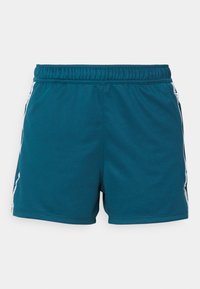 Pantaloni sportivi turchesi con elastico in vita, dotati di strisce laterali bianche e tessuto leggero e liscio per un comfort ottimale.