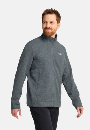 Mann mit rotem Bart trägt eine graue Fleecejacke mit Reißverschluss und schwarze Hose, steht mit leicht ausgestreckten Armen und blickt zur Seite.