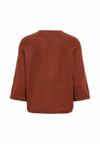 Pull en laine couleur rouille avec manches longues, col rond et ourlet droit, vu de dos sur fond blanc.