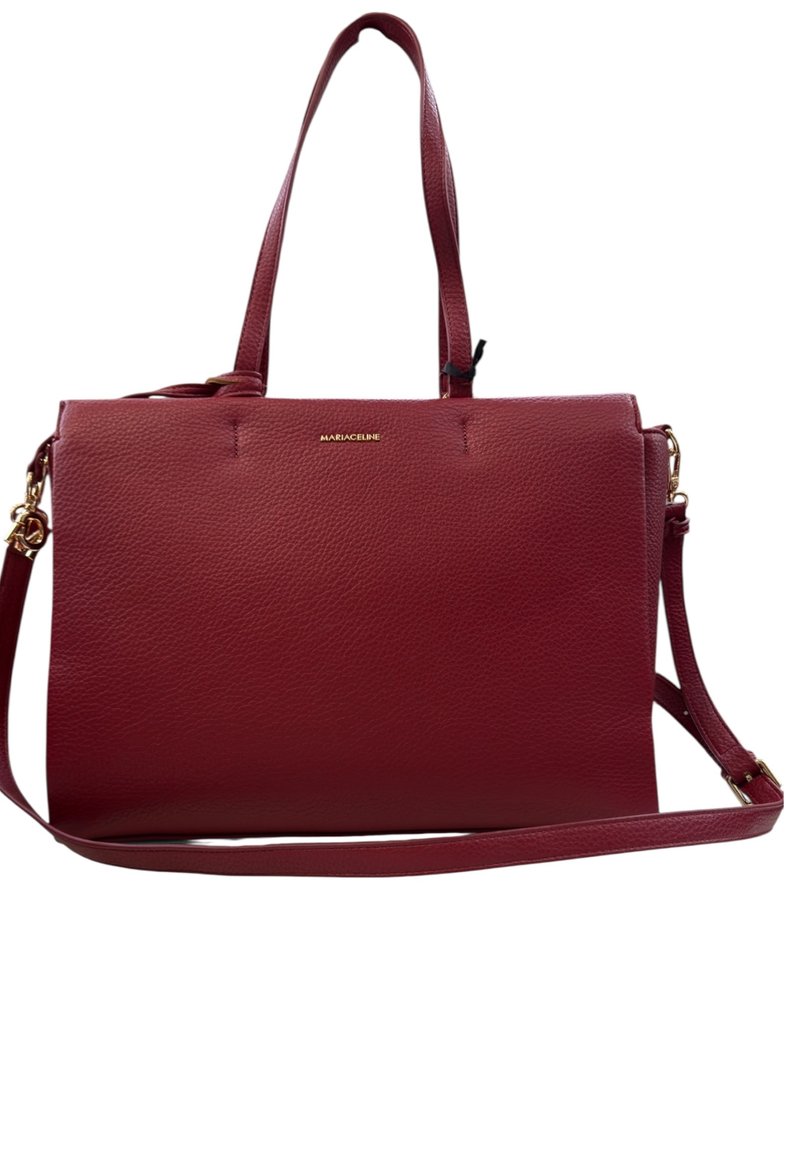 Borsa a tracolla in pelle rossa con doppi manici, una tracolla removibile e una finitura texture. Presenta un logo dorato sulla parte anteriore.