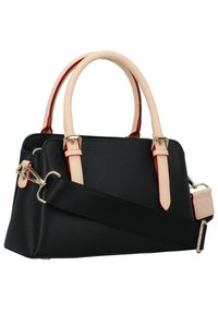 Borsa a tracolla nera con superficie testurizzata, manici beige chiaro, dettagli in oro e una tracolla nera rimovibile.