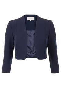 Marinblå kort jacka med långa ärmar, tillverkad av slät tyg. Har en sjalkrage och satinfoder för extra detalj.
