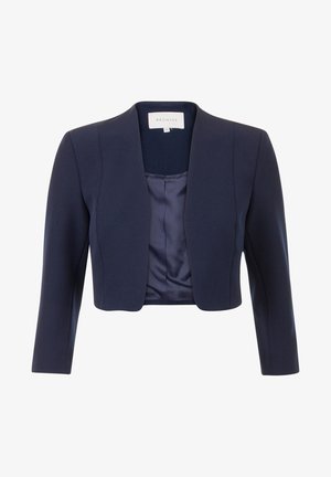 Navy cropped jacket with long sleeves, made from smooth fabric. Features a shawl collar and a satin lining for added detail.
