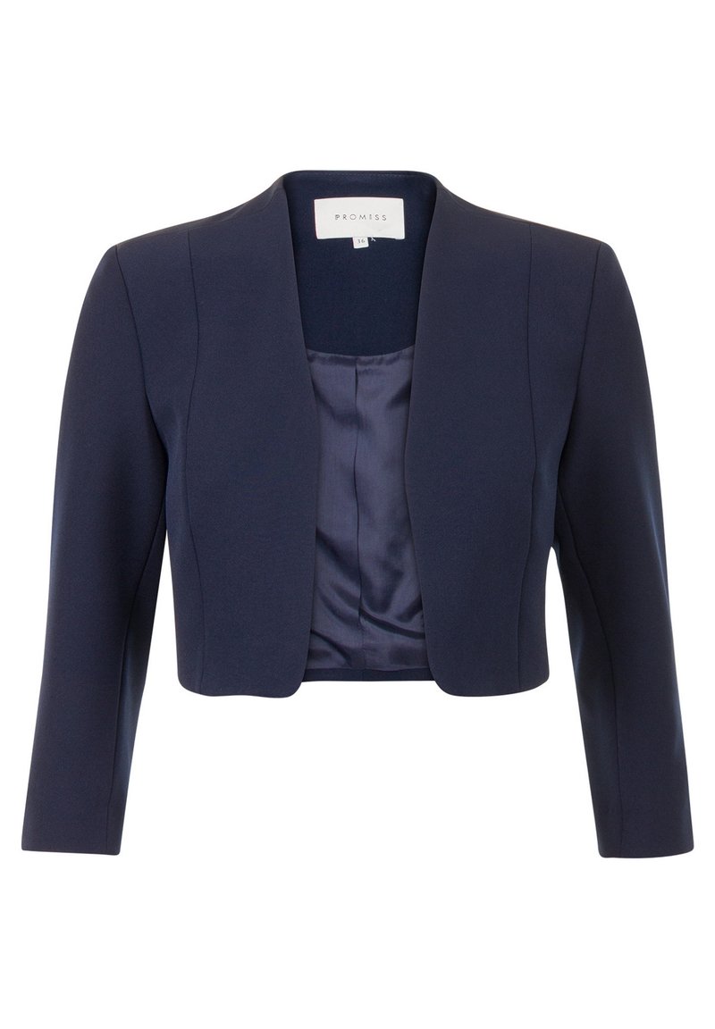 Marinblå kort jacka med långa ärmar, tillverkad av slät tyg. Har en sjalkrage och satinfoder för extra detalj.