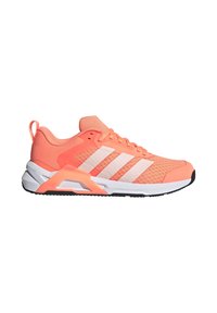 Sport shoes with a lightweight, breathable coral mesh upper, white three-stripe detailing, and a cushioned white and orange sole.