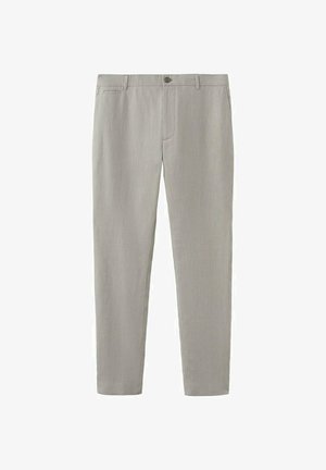 Svetlo sive ozke hlače s pasnimi zankami, zaponko na gumb in stranskimi žepi, položene na ravno na belem ozadju.