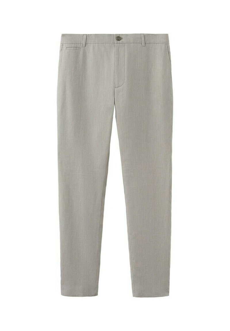 Pantalon gris clair coupe ajustée avec passants de ceinture, fermeture à boutons et poches latérales, présenté à plat sur un fond blanc.