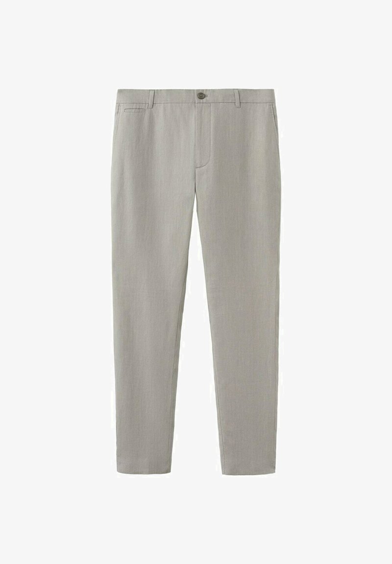 Pantalon gris clair coupe ajustée avec passants de ceinture, fermeture à boutons et poches latérales, présenté à plat sur un fond blanc.