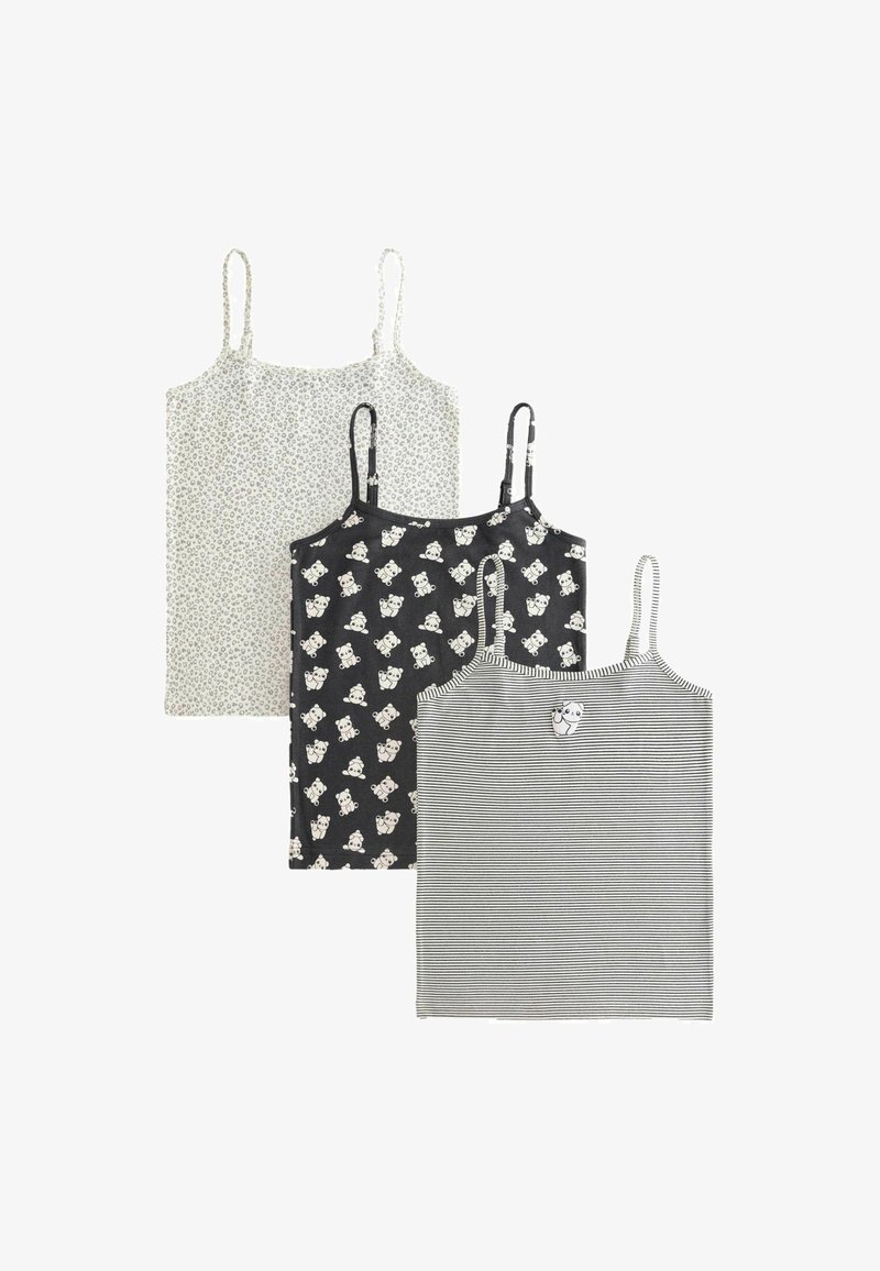 Drei Mädchen-Spaghetti-Trägertops: weiß mit kleinem Leopardenmuster, schwarz mit weißem Panda-Motiv und schwarz-weiß gestreift mit Panda-Aufnäher.