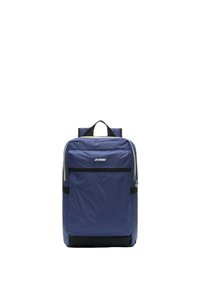 Zaino in nylon blu navy con tasca frontale con zip, due spallacci, manico superiore e dettagli neri nella parte inferiore per una maggiore durata.