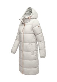 Long light gray puffer coat with a hood, featuring a zip front, elastic cuffs, and side pockets, accented with rose gold hardware.