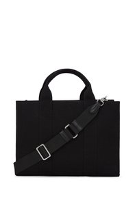 Black canvas bag with dual top handles, detachable shoulder strap, and silver hardware accents. Features vertical stitched panels for texture.