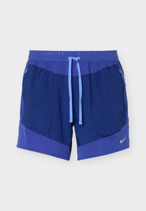 Blauwe Nike hardloopshorts met lichtblauw koordje, zijzakken met rits en reflecterend logo op de linkerdezoom.