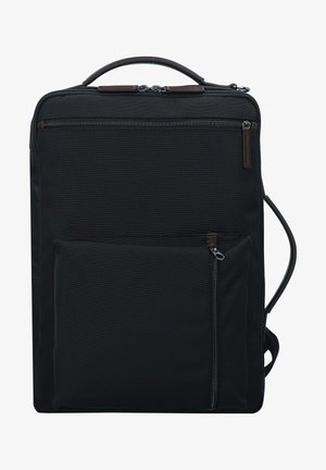 Sacoche pour ordinateur portable en tissu noir avec un design structuré, comprenant une poignée supérieure, une poche zippée à l'avant et une fermeture éclair sur le côté. Surface texturée sur l'ensemble.