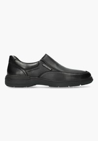 Scarpe slip-on in pelle nera con punta arrotondata, cuciture decorate e suola in gomma. Presentano un logo discreto sul lato.